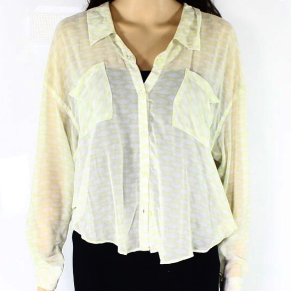 Free People Yellow and White Sheer Button Down Top